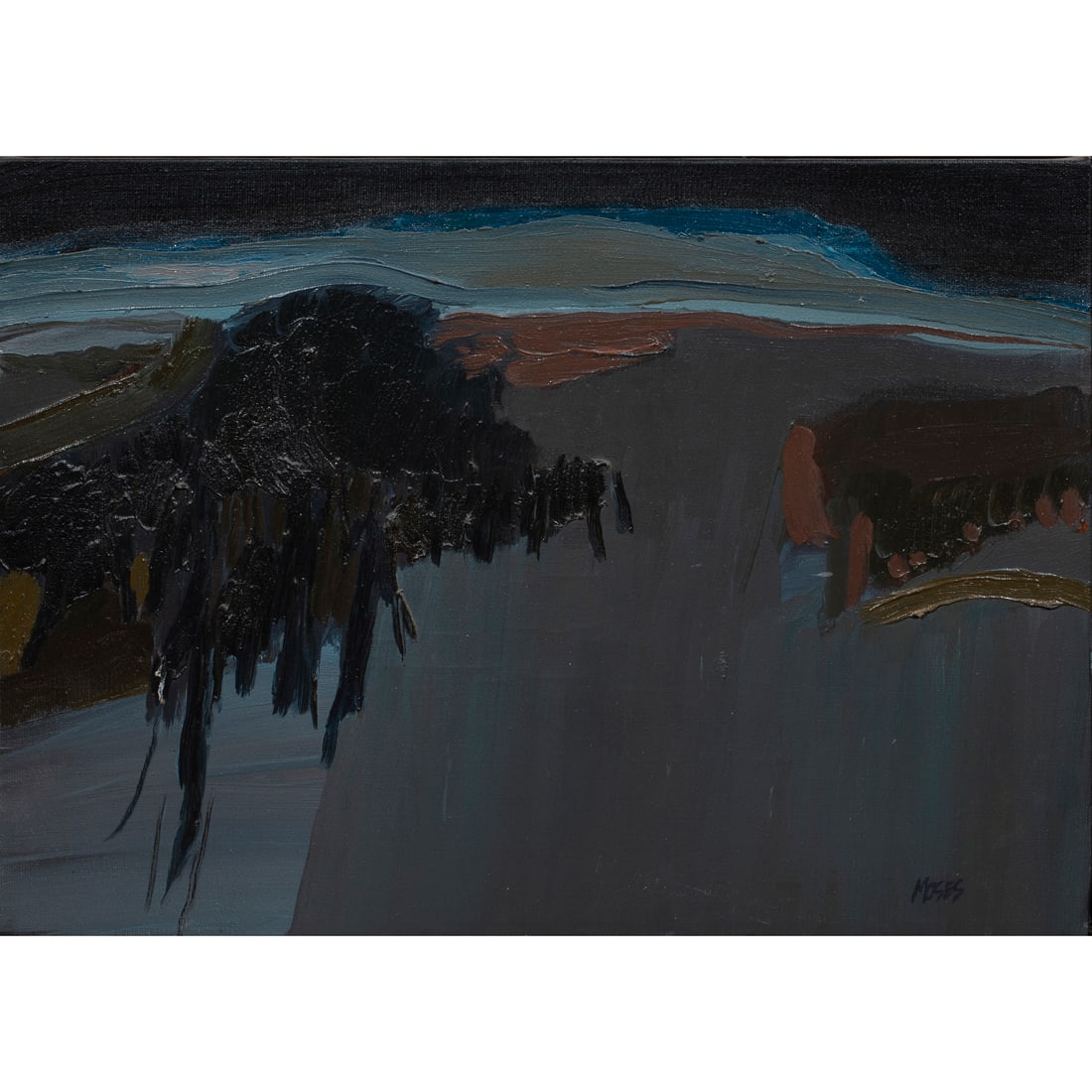 Painting, Forrest Moses: Forrest Moses (American, 1934-2021), "#125, Carmel, California," 1966, oil on canvas, signed lower right, signed, titled, and dated verso, canvas: 14"h x 20"w, overall (with frame): 15.5"h x 21.5"w