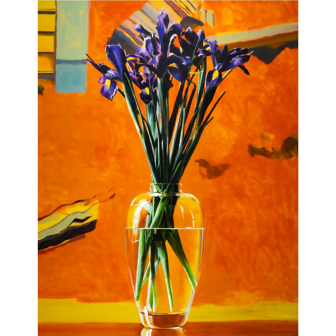 Painting, Ben Schonzeit: Ben Schonzeit (American, b. 1942), "Orange Iris," 1992, acrylic on linen, signed, titled, and dated verso, canvas: 47.5"h x 35.25"v, overall (with frame): 55.5"h x 43.5"w. Provenance: Fred Boyle Fine
