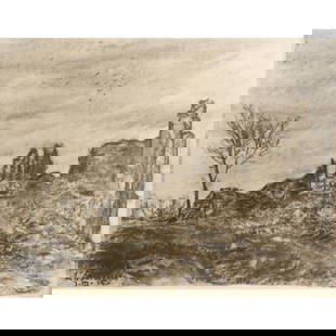 Work on paper, Rolf Nesch: Rolf Nesch (German, 1893-1975), "La Boisselle," 1915, charcoal on paper, signed, titled, and dated lower left, sheet: 10"h x 13.25"w, overall (with frame): 14.5"h x 17.5"w. Provenance: Property from t