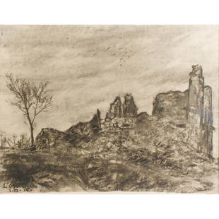 Work on paper, Rolf Nesch: Rolf Nesch (German, 1893-1975), "La Boisselle," 1915, charcoal on paper, signed, titled, and dated lower left, sheet: 10"h x 13.25"w, overall (with frame): 14.5"h x 17.5"w. Provenance: Property from t