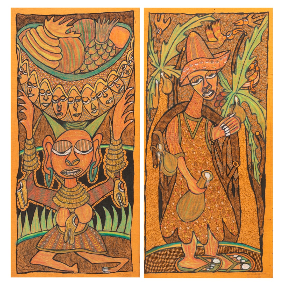 Paintings, Prince Twins Seven-Seven: (lot of 2) Prince Twins Seven-Seven (Nigerian, 1944-2011), "Wine Tapper" and Untitled (Woman with Fruit), mixed media on cloth, each signed lower right, sight (for each): 34.75"h x 16.75"w, overall (w