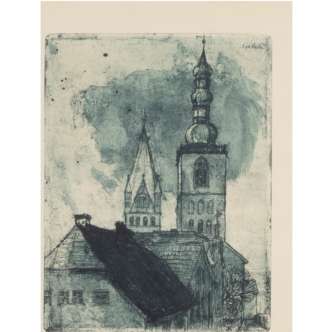 Print, Emil Nolde: Emil Nolde (German, 1867-1956), "Petri- und Patrocli-Turm in Soest," 1906, etching with aquatint, pencil signed lower right, image/plate: 7.75"h x 5.75"w, overall (with frame): 21.75"h x 16.75"