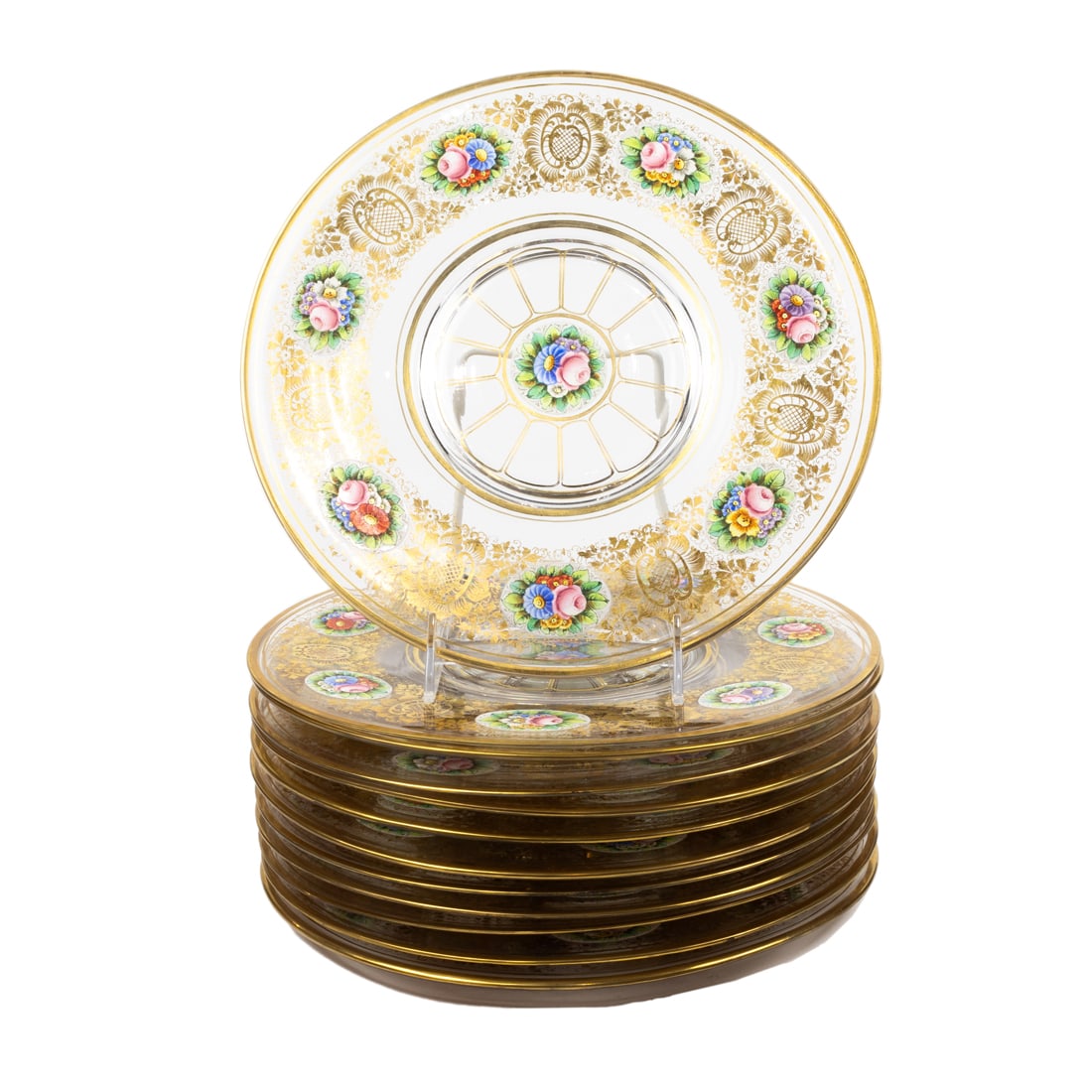 A set of twelve Continental floral enamel gilt dinner plates (1 of 4)