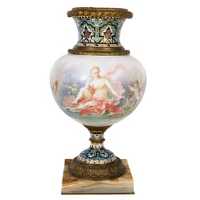 A Sevres style champleve enamel, bronze and onyx mounted porcelain urn