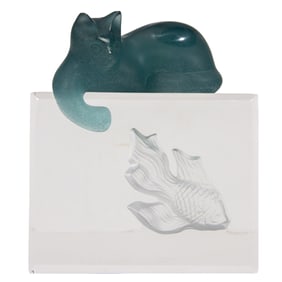 A Daum pate de verre and engraved glass cat on aquarium