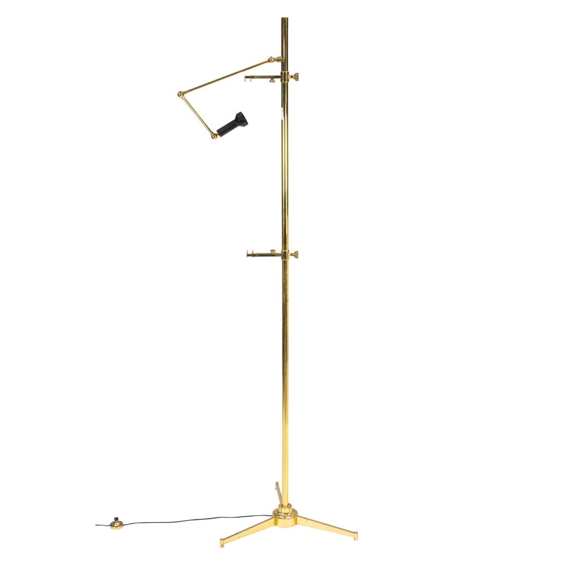 An Angelo Lelli for Arredoluce polished brass easel tripod floor lamp, greatest 82: An Angelo Lelli for Arredoluce polished brass easel tripod floor lamp, greatest 82.5"h. Provenance: Property from the estate of Mr. Robert Darwin, television and film personality, author, and noted ph