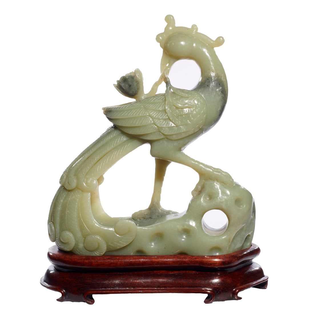Chinese celadon jade phoenix figure: Chinese celadon jade phoenix figure. 9.75" high. Provenance: Estate of Harvey Clar (Orinda, California)