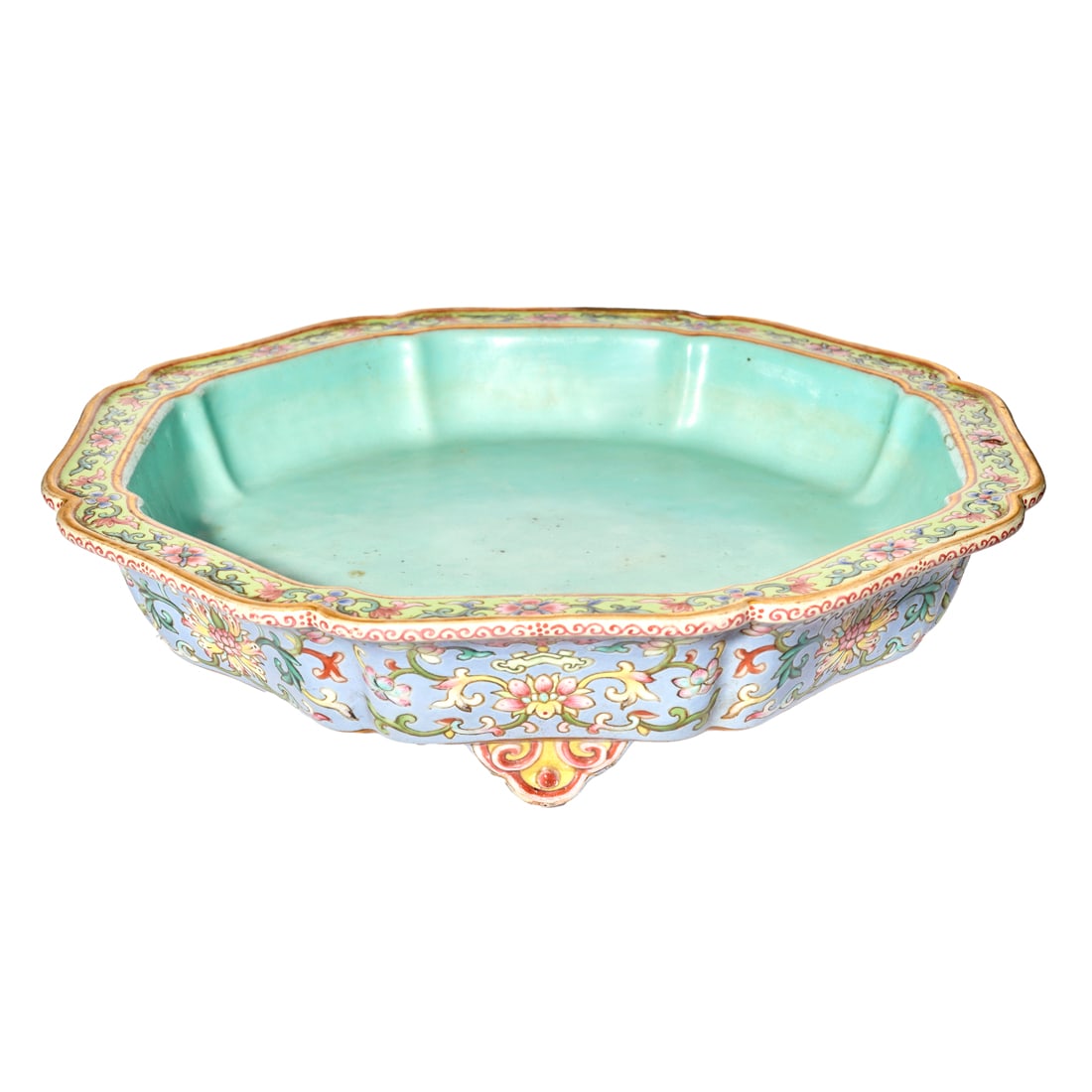 Chinese famille rose narcissus washer: Chinese famille rose narcissus washer. Of octagonal lobed form supported on four cabriole feet, with later wood base, 18th/19th century, 7.375" wide. Condition: a section of the rim measuring approxim