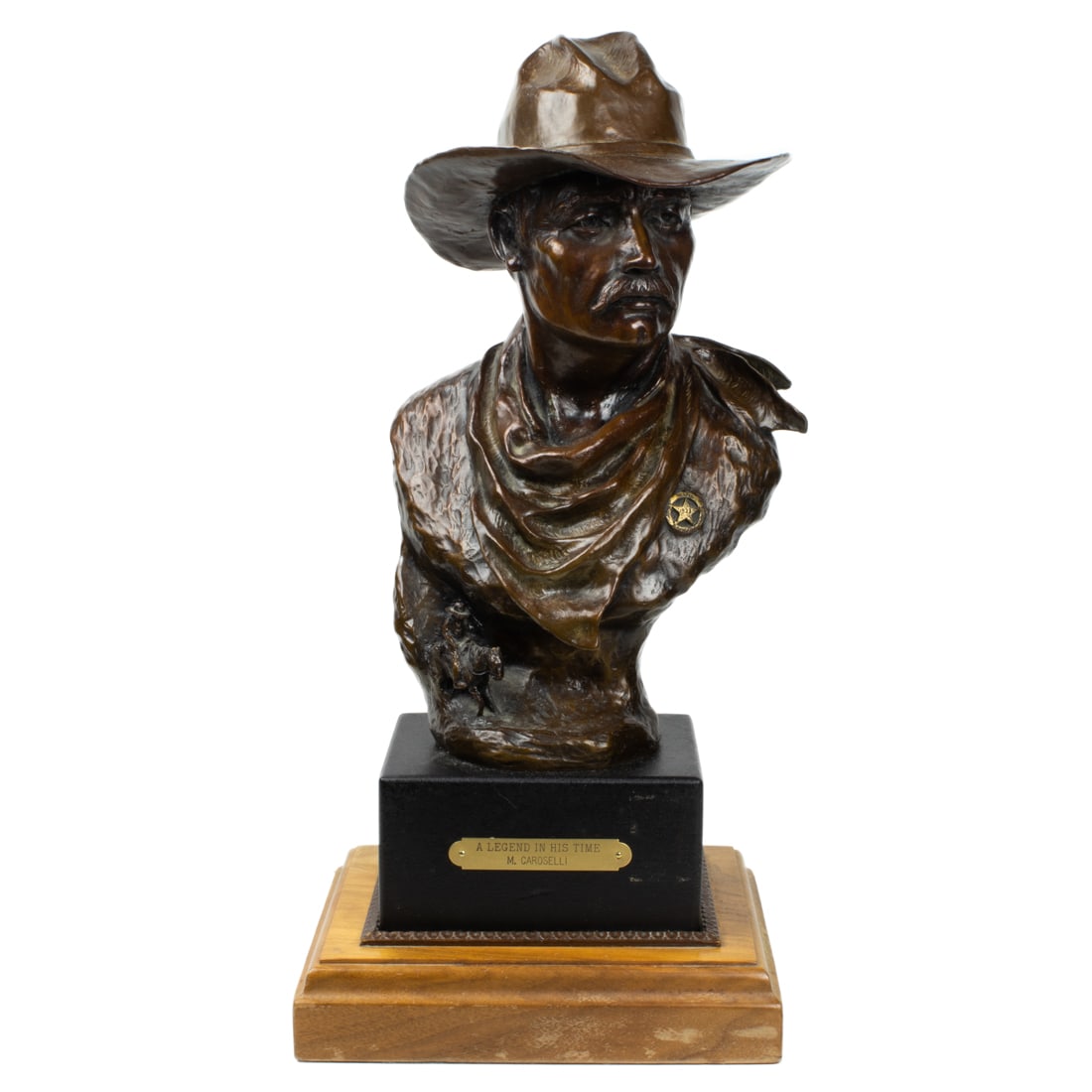 An American patinated bronze bust of a cowboy: A Legend in his Time, after Marianne Caroselli, circa (1 of 2)