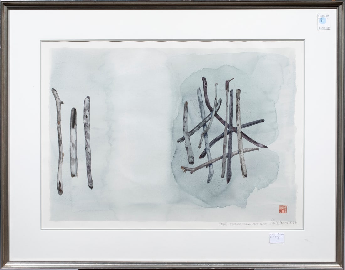 Watercolor, Ciel Bergman (Cheryl Bower): Ciel Bergman (Cheryl Bower) (American, 1938-2017), 1980, "Individuals, Eternal Abyss, Group," watercolor, signed, dated, and titled lower right, stamped lower right, overall (with frame): 28"h x 36"w