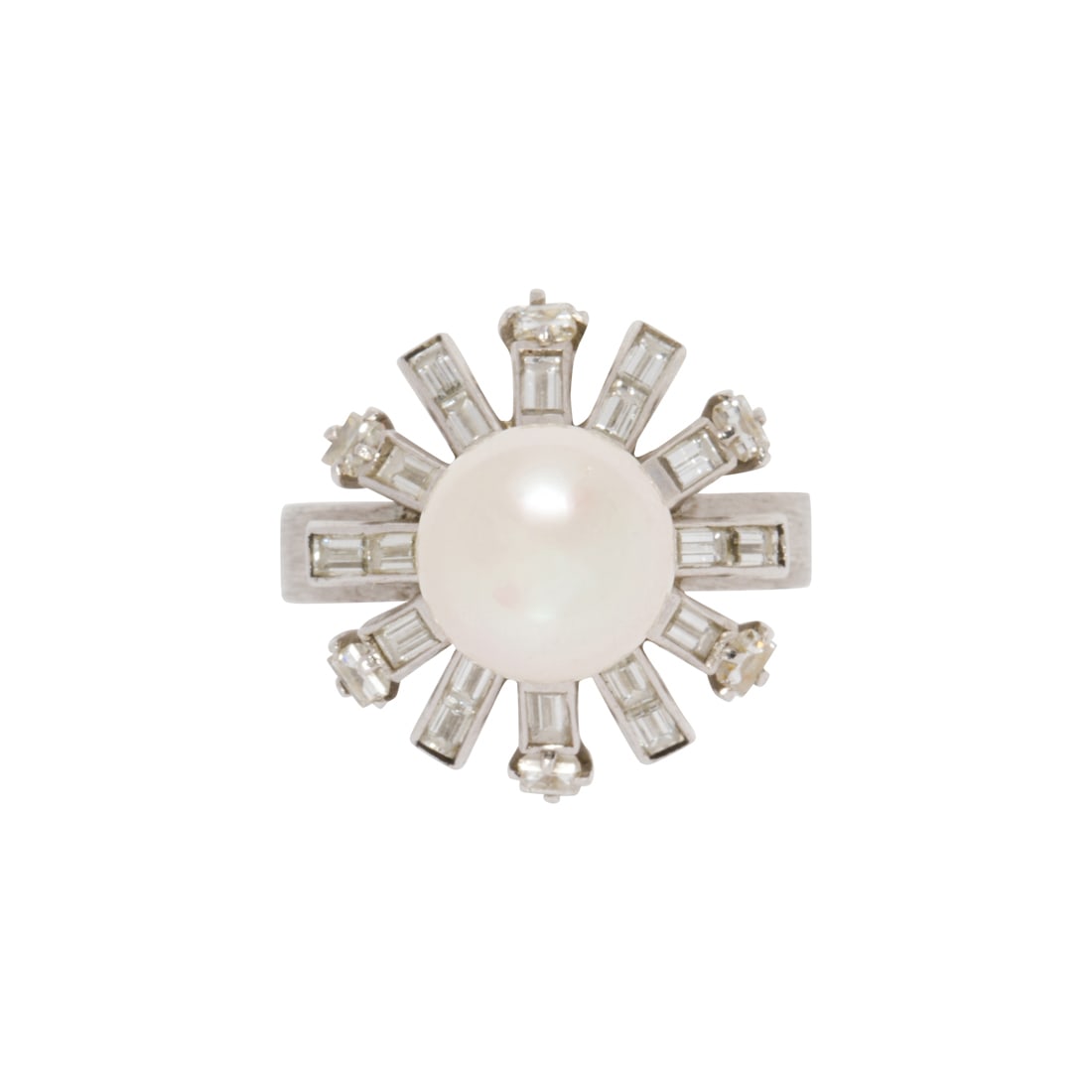 A cultured pearl, diamond and platinum ring (1 of 2)