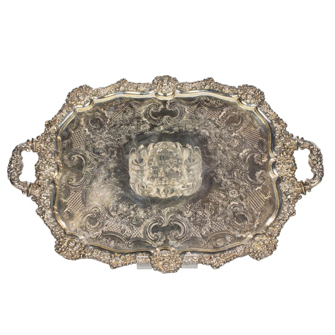 A fine Continental silver plate footed tea tray centering with armorial insignia (1 of 2)