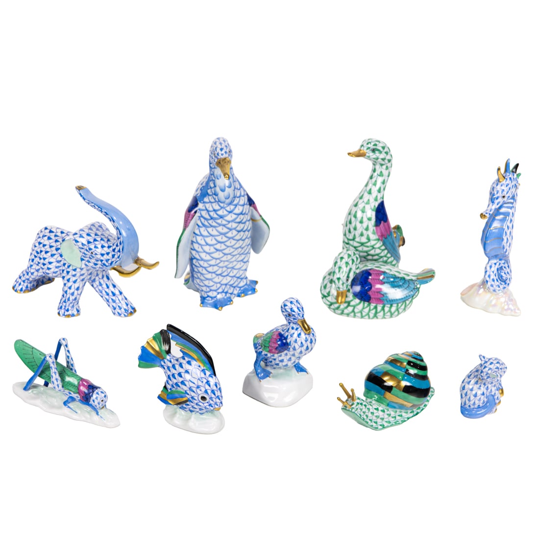 Ten Herend porcelain animals in a net pattern (1 of 5)