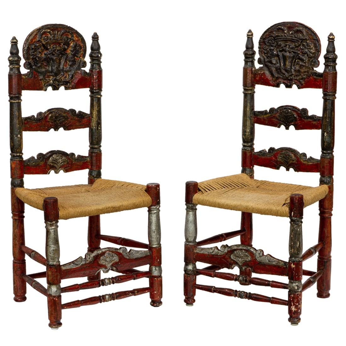 A pair of Spanish Colonial style polychrome and rush seat hall chairs (1 of 4)