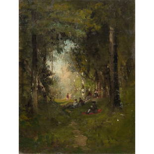 Painting, William Keith: William Keith (American/Scottish, 1838-1911), Forest Interior with Figures, oil on canvas, unsigned, canvas: 11.75"h x 9.25"w, overall (with frame): 16.25"h x 13.75"w