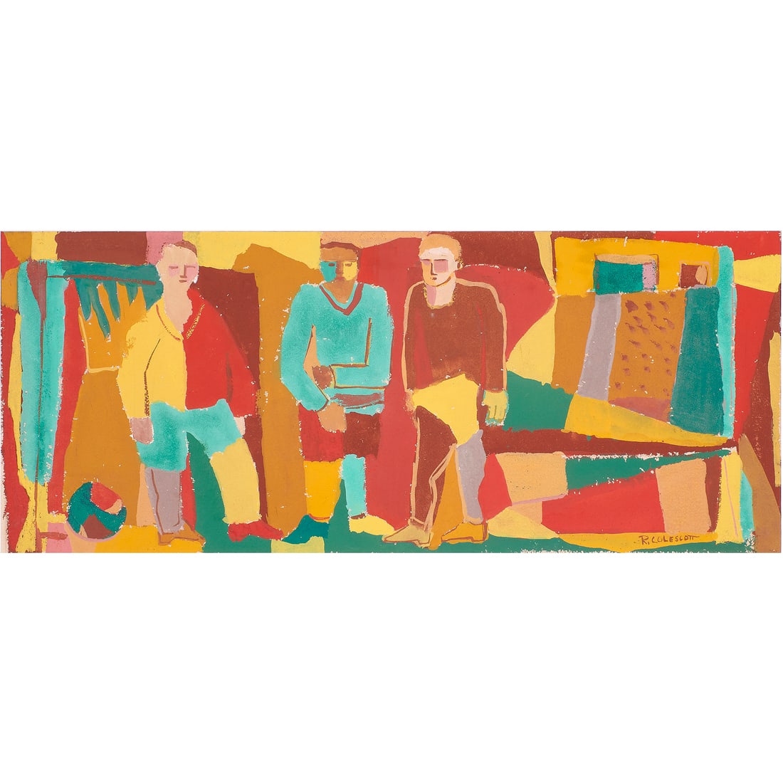 Watercolor, Robert Colescott: Robert Colescott (American, 1925-2009), Untitled (Three Figures), circa 1950s, watercolor, signed lower right, sheet: 12.5"h x 26"w, overall (with frame): 18"h x 33"w. Provenance: Estate of George Sto