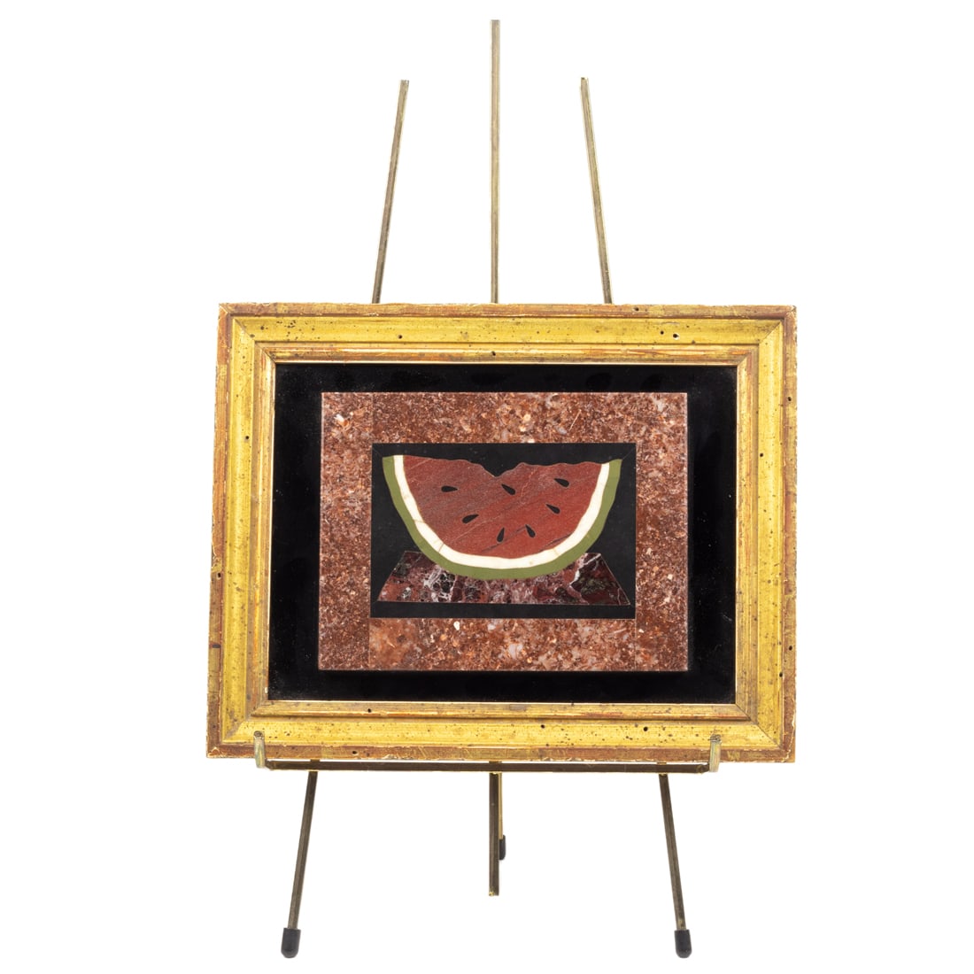 An Italian pietra dura plaque of a slice of watermelon within giltwood frame and metal easel (1 of 3)