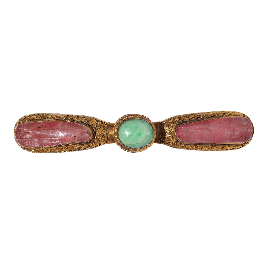 Chinese tourmaline and jadeite inset gilt bronze belt buckle (1 of 2)