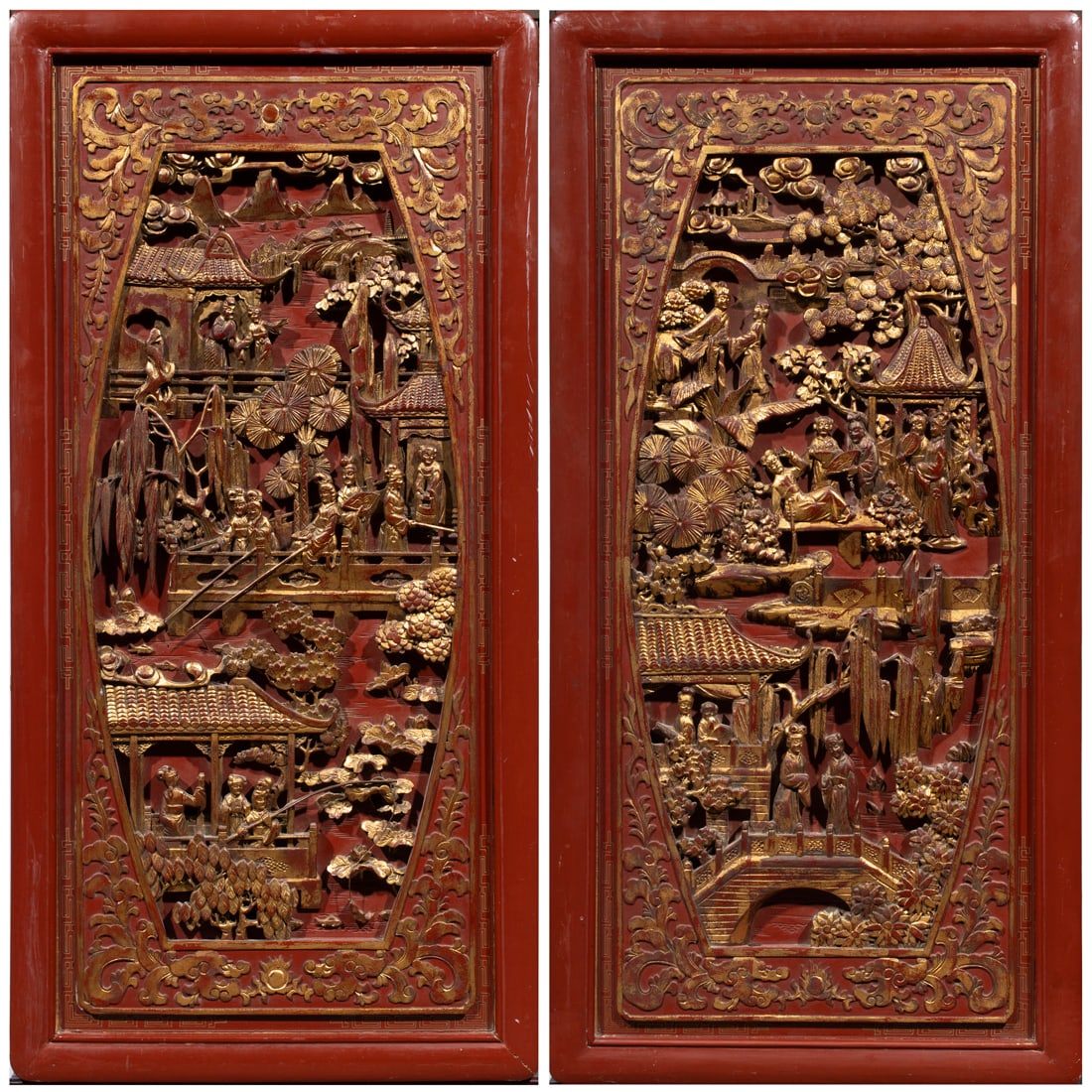 Pair of Chinese gilt red lacquered panels (1 of 3)