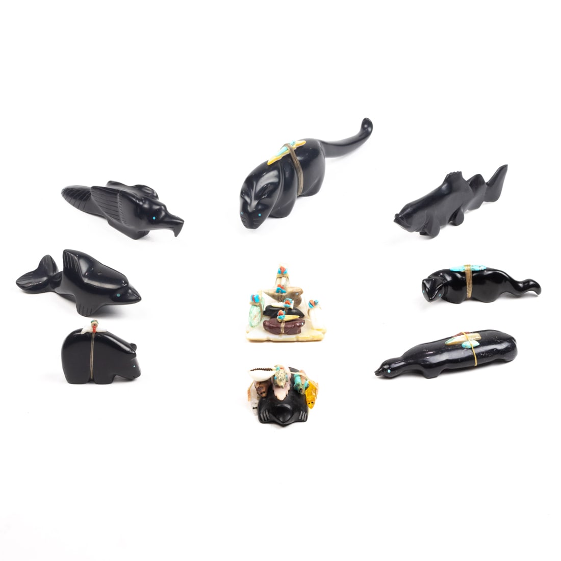 A lot of nine Zuni fetishes of various animals, including bear, fish, and frog, the largest 7 (1 of 3)