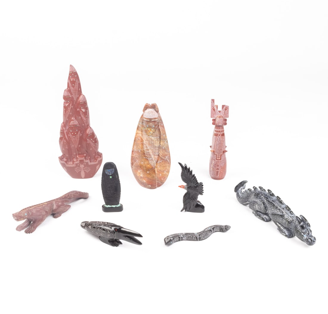 A lot of nine Zuni stone fetish carvings, including animals and kachinas, including several signed (1 of 2)