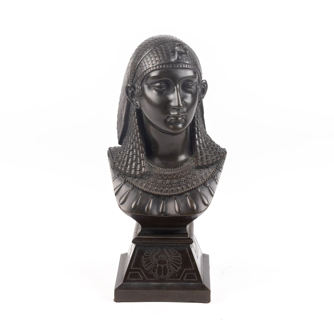 A French patinated bronze bust of an Egyptian queen: A French patinated bronze bust of an Egyptian queen, after Paul-Auguste Gagne, late 19th century, incised 'P Gagne' and inscribed on truncation 'Nitocris Reine de Babylone', (Nitocris Queen of Babylon