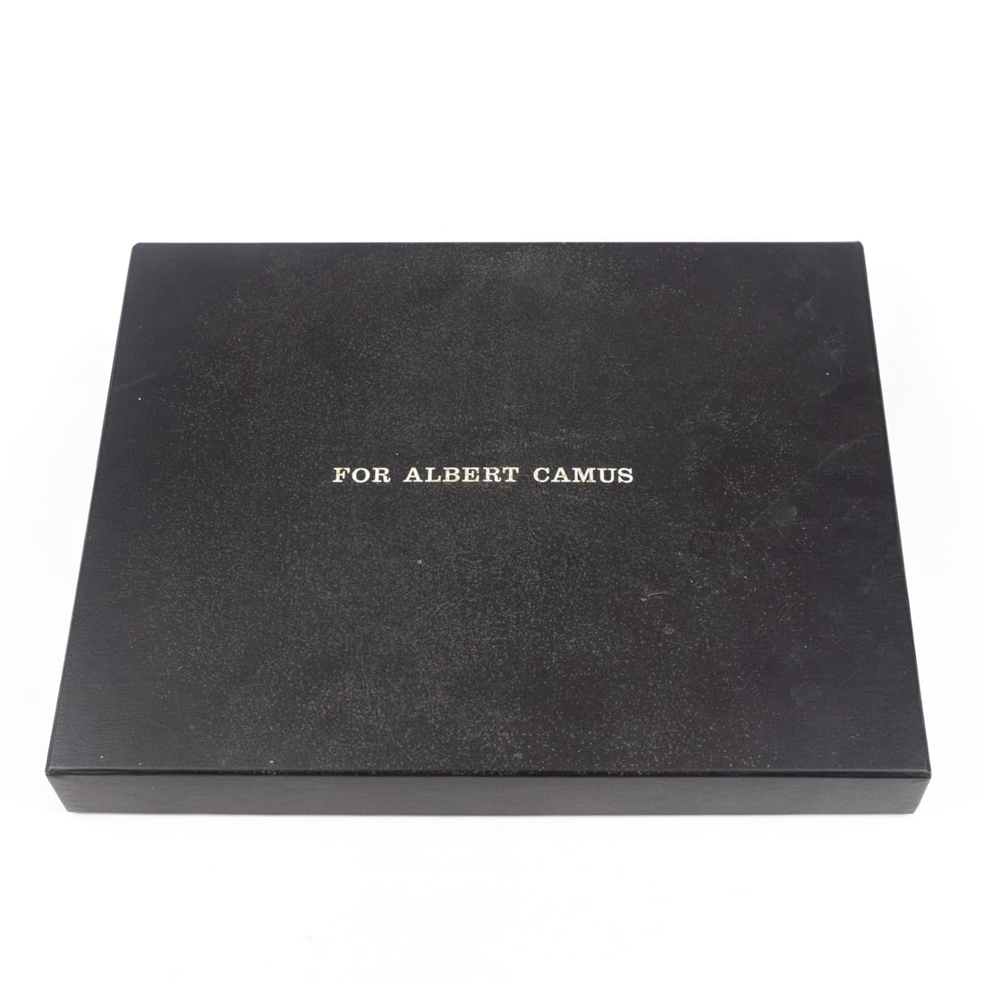 A group of four men's neck ties mounted in box titled 'For Albert Camus' (1 of 6)