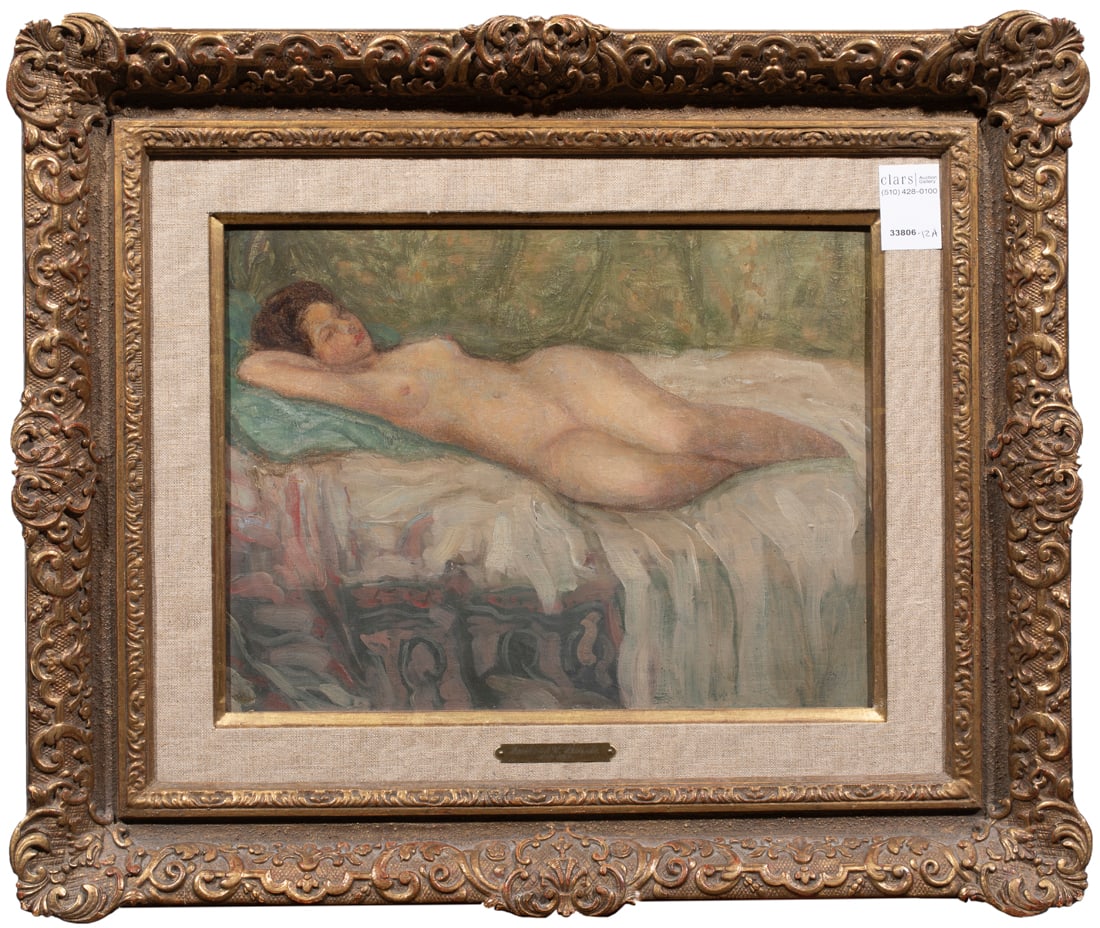 Painting, After Frederick Frieseke: After Frederick Frieseke (American, 1874-1939), Reclining Nude, oil on board, unsigned, gallery label (Kennedy Galleries, New York, NY) affixed verso, overall (with frame): 18"h x 21.25"w