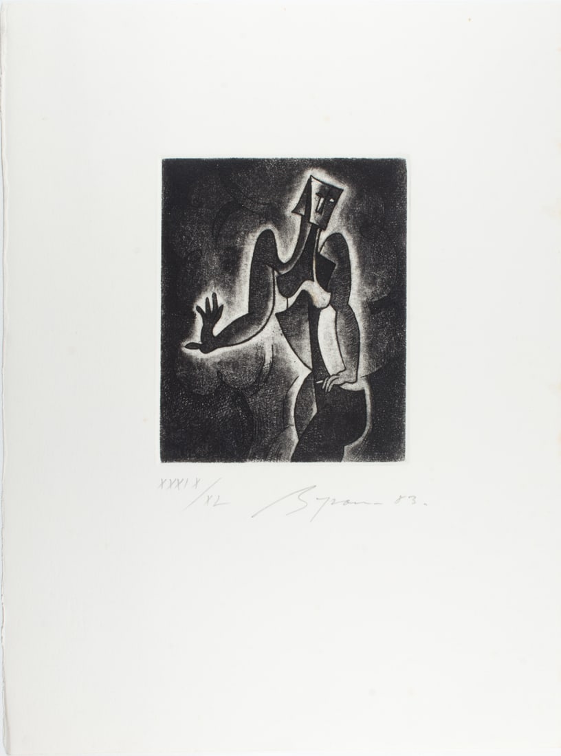 Print, Byron Galvez: Byron Galvez (Mexican, 1941-2009), Untitled (Figure), 1983, etching, pencil signed and dated lower right, edition XXXIX/XL, sheet (unframed): 14.5"h x 11"w