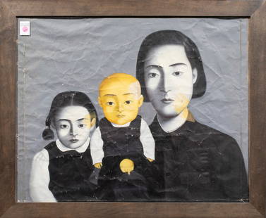 After Zhang Xiaogang(b: After Zhang Xiaogang(b.1958) - A Big Family. Oil on canvas, framed and glazed. 23.5"h x 29.5"w