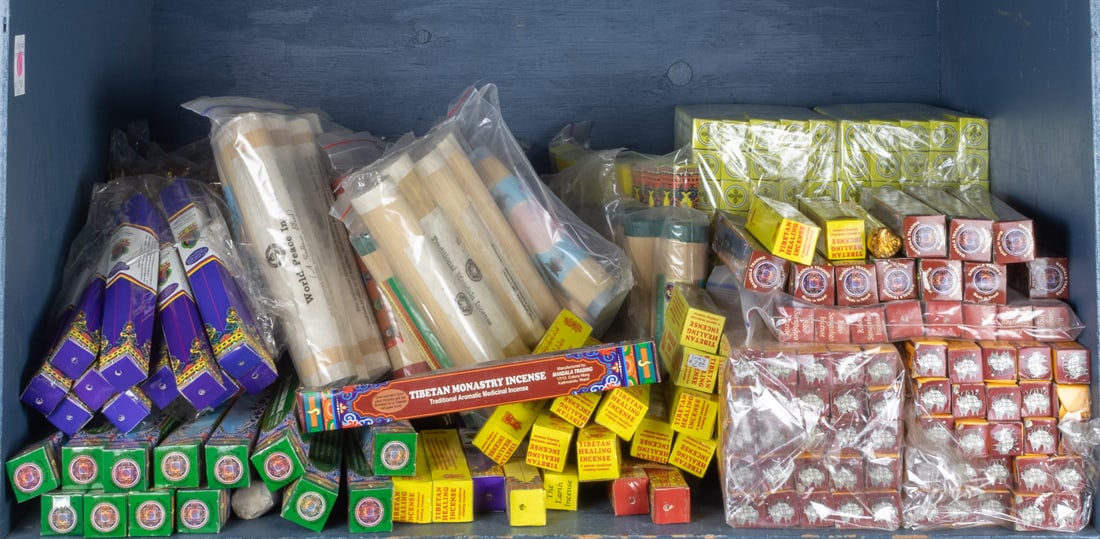 One bin of Tibetan incense products: One bin of Tibetan incense products.