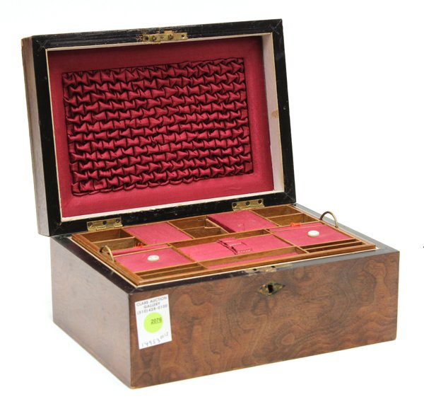 Victorian sewing box: Victorian inlaid sewing box, circa 1880, having a marquetry decorated top opening to a lined and fitted interior, 5.5''h x 11''w x 8''d