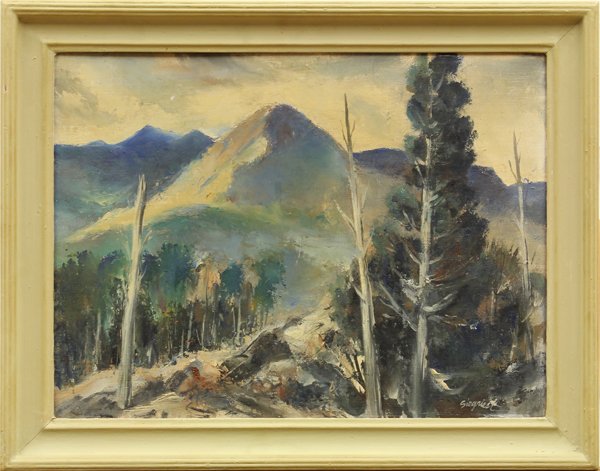 Painting, Louis Siegriest, California: Framed oil on board, ''Northern California Mountains,'' 1945, by Louis B. Siegriest (Californian, 1899-1989), signed ''Siegriest'' lower right, signed, titled and dated verso, board: 12''h x 16''w, ov