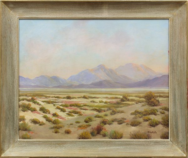 Painting, Herbert Sartelle, Desert: Framed oil on canvas, Desert Landscape, by Herbert Sartelle (Californian, 1885-1955), signed ''H. Sartelle'' lower right, canvas: 24''h x 30''w, overall: 30.5''h x 36.5''w