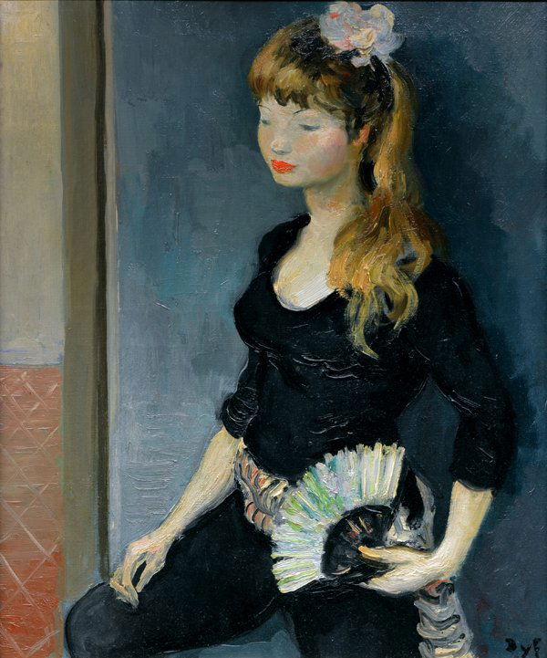 Painting, Marcel Dyf: Framed oil on canvas, "Claudine à l'éventail," circa 1960, by Marcel Dyf (French, 1899-1985), signed lower right, canvas: 21.75"h x 18.75"w, overall: 34"h x 29.75"w