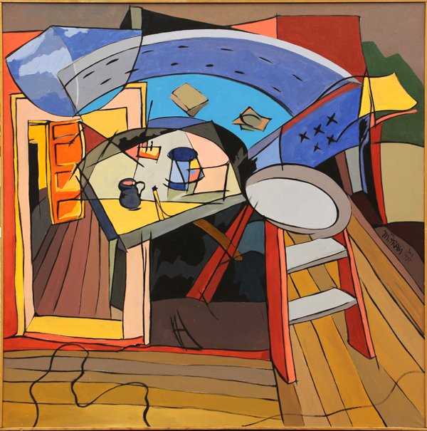 Painting, Michael Fram, 12th Street Still Life: Framed acrylic on canvas, ''12th Street Still Life'', 1973, by Michael Fram (Californian, b.1942), signed and dated right center, title lablel affixed verso, canvas: 48''h x 28''w, overall: 48.75''h x