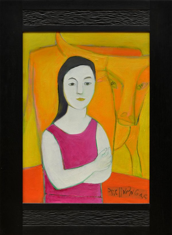 Painting, Thanh Chuong, Girl and Bull: Framed oil on canvas, Girl and Bull, 1995, by Thanh Chuong (Vietnamese, b. 1948), signed and dated lower right, sight: 25.5"h x 18.75"w, overall: 35.5"h x 25.5"w