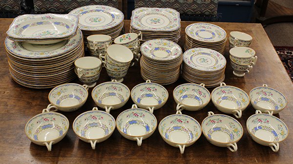 Royal Doulton table service: (lot of 119) Royal Doulton table service for fourteen executed in the Morella-blue pattern having a floral decorated border on a cream ground, including; 16 dinner plates 10.25'', 14 luncheon plates 9