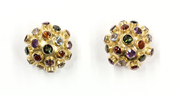 18K gold multi-gemstone ''Sputnik'' earrings: One pair multi-gemstone ''Sputnik'' earrings with clip backs for non-pierced ears; mounted in 18K yellow gold, with citrine, aquamarine, amethyst, tourmaline and garnet round cut gems bezel set over t