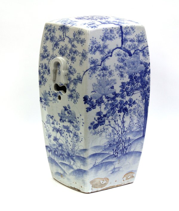 Japanese Seto Blue-and-White Porcelain Garden Sea: Japanese Seto ware underglaze blue porcelain square garden stool, decorated with birds amid trees and flowering bushes, flanked with inverted U-shaped handles, 20''h