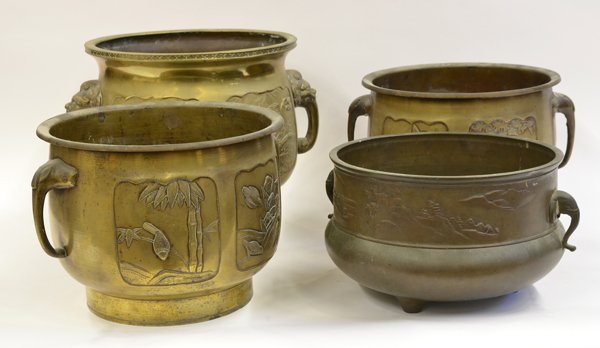 Four Japanese Metal Hibachi: (Lot of 4) Japanese copper alloy hibachi, consisting of a pair each cast with bird reserves and with elephant handles; one with a register with a landscape scene above a compressed body; together with