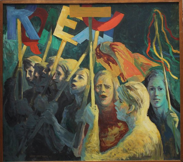 Painting, Robert Leroy Smith, Green Goddess: Framed oil on canvas, ''Green Goddess,'' 1965, signed and dated ''Robert Leroy Smith 1965'' lower left and verso, titled verso, overall: 35.5''h x 39.5''w