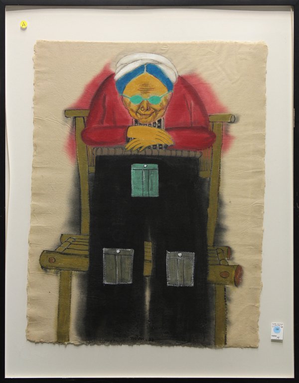 Painting, Surreal Scene with Old Lady: Framed oil pastel on paper, Surreal Scene with Black Pocketed Pants and Seated Old Lady with Sunglasses, Vietnamese School, signed and dated ''Thanh, '98,'' overall: 41''h x 32''w
