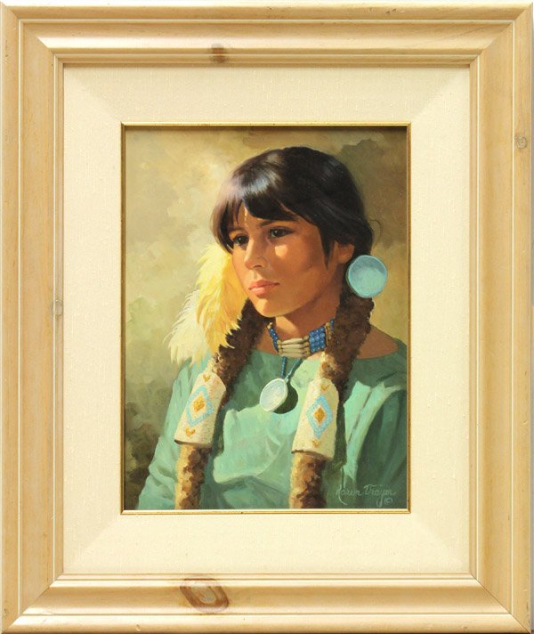 Painting, Karen Thayer, Native American Girl: Framed oil on canvas, Native American Girl, by Karen Thayer (American, b. 1955), signed ''Karen Thayer'' lower right, sight: 12''h x 16''w, overall: 21''h x 25''w
