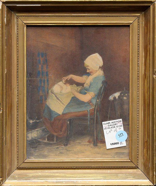 Painting, School of Zorn: (lot of 2) Framed oil on board, Portrait of a Woman in Red, School of Anders Zorn (Swedish/American, 1860-1920), bears signature upper right, and framed oil on board, Mother Playing with Baby, Europea