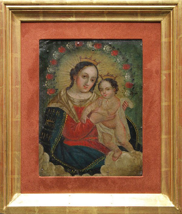 Painting, Madonna and Child, 19th c.: Framed oil on tin retablo, Madonna and Child, Mexican School (19th century), unsigned, overall: 19.5''h x 16.5''w
