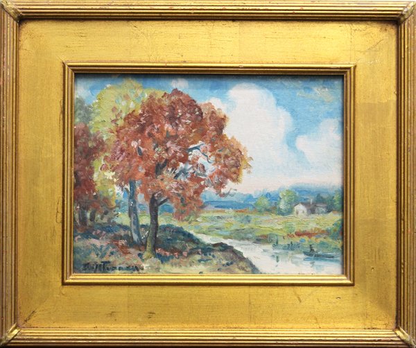 Painting, Elliot Bouton Torrey: Framed oil on canvas board, Landscape with House and Figure Rowing, by Elliot Bouton Torrey (Californian, 1867-1949), signed ''Elliot Torrey'' lower right, overall: 15''h x 18''w
