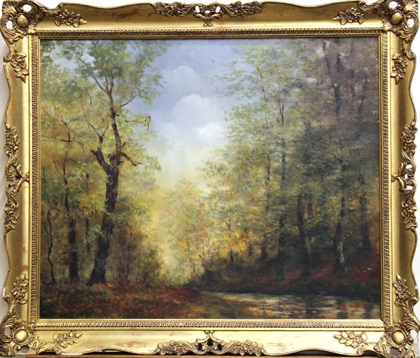 Painting, Egri Oszkar: Framed oil on canvas, Forest Scene with Stream, 1960, signed and dated ''Egri Oszkar 1960'' lower right, overall: 25''h x 29''w