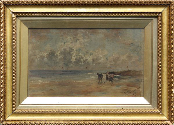 Painting, Clam Diggers, 1892: Framed oil on canvas, Clam Diggers, 1892, British School (19th century), signed and dated ''W. B. Grandison 1892'' lower right, overall: 13.25''h x 18.5''w