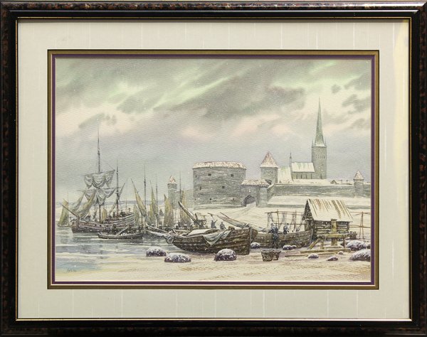 Painting, Voite Voitehovitch, Winter Preperations: Framed watercolor on paper, ''Winter Preparation I,'' 1999, by Voite Voitehovitch (Estonian, b.1963), signed ''Voit. 99'' lower right, Fingerhut Gallery label verso, overall: 10.75''h x 21.25''w